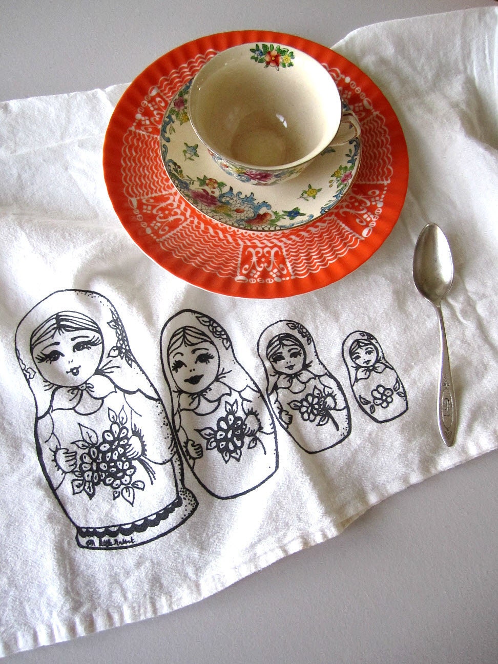 Tea Towel - Screen Printed Organic Cotton Nesting Dolls Flour Sack Towel - Soft and Absorbent - Awesome Kitchen towel - ohlittlerabbit