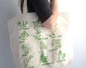 Screen Printed Oversized Recycled Cotton Tote Bag - Eco Friendly Grocery Tote - Garden Herbs - Reusable and Washable - Great for Everyday