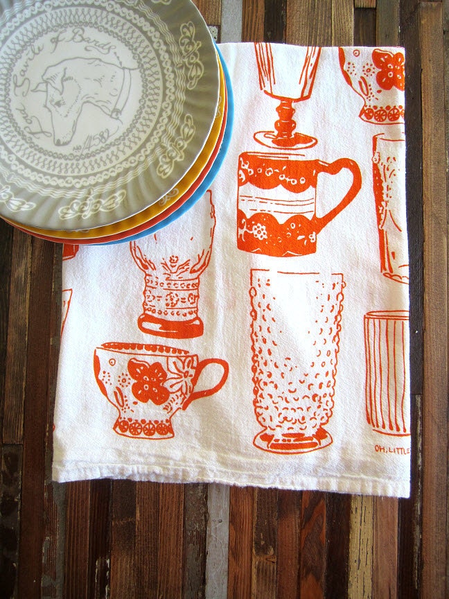 Screen Printed Organic Cotton Vintage Cups Kitchen Flour Sack Tea Towel - Eco Friendly and Awesome dish towel