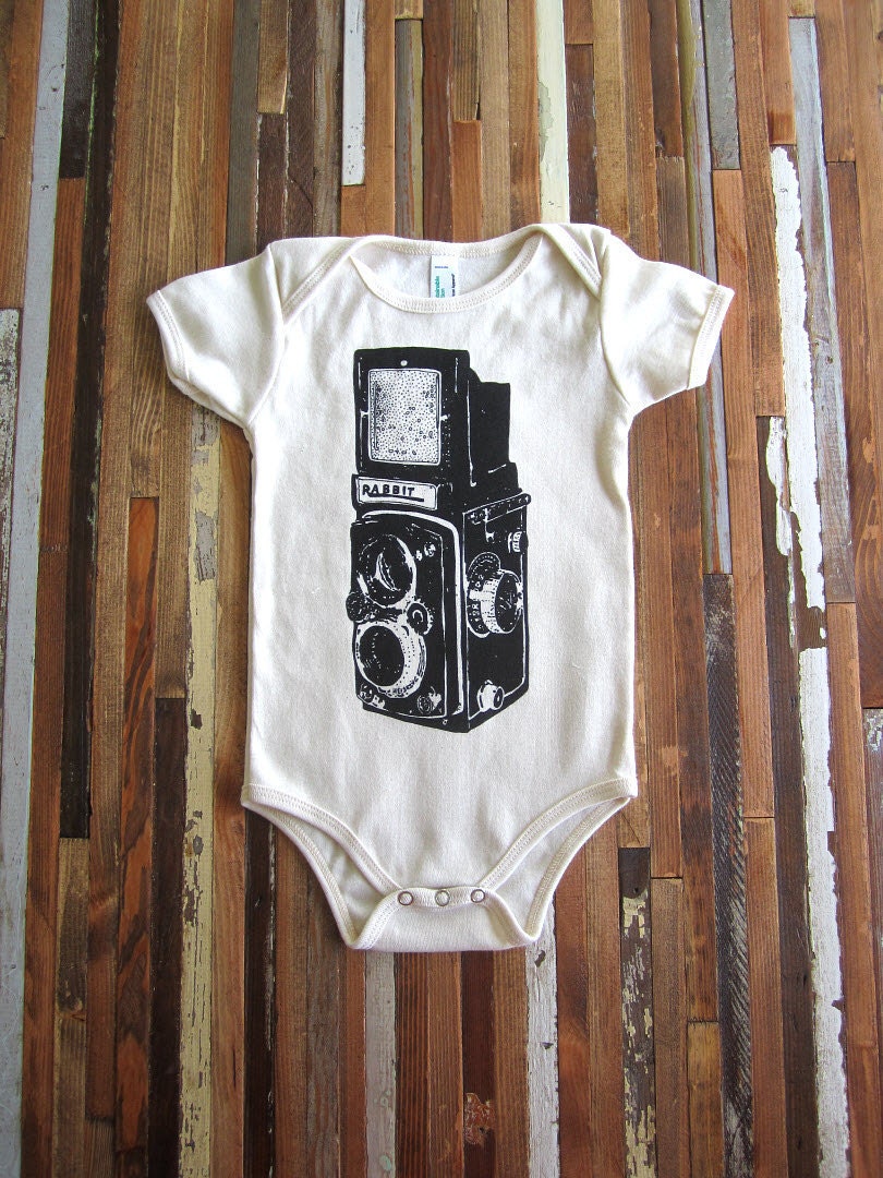 Organic Cotton Onesie - Hand Screen Printed American Apparel Baby Onesie - Vintage Camera Illustration- Eco Friendly (You pick size)