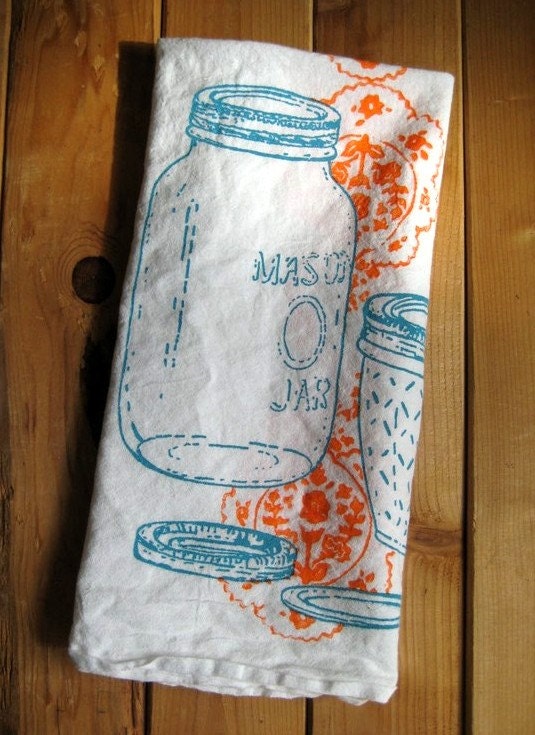 Hand Printed Organic Cotton Mason Jar Flour Sack Towel