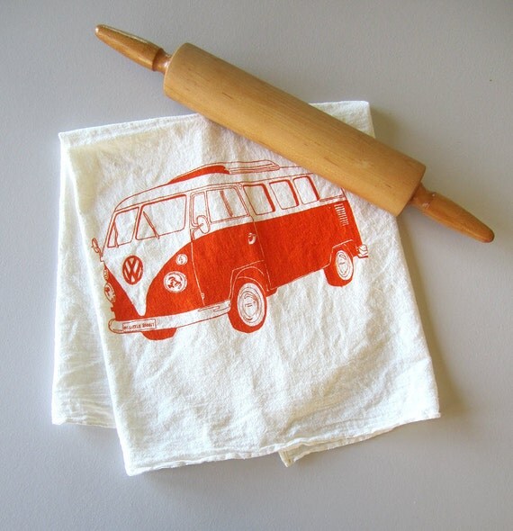 Screen Printed Organic Cotton VW Bus Flour Sack Tea Towel - Perfect Kitchen Towel for Dishes - Eco Friendly and Awesome