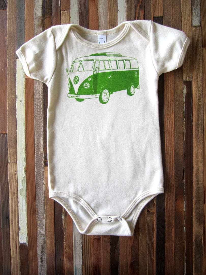 Organic Cotton Onesie - Hand Screen Printed American Apparel Baby Onesie - VW Bus Illustration- Eco Friendly and Awesome (You pick size)