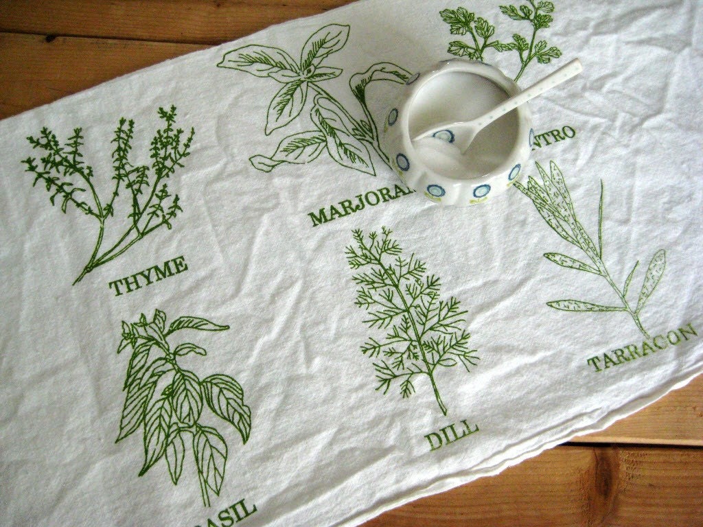 Tea Towel - Screen Printed Organic Cotton List of Herbs Flour Sack Towel - Awesome Kitchen Towel for Dishes