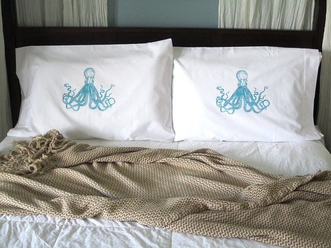 Screen Printed Octopus Pillow Cases - Set of 2 Standard Sized Pillow Covers - Eco Friendly Bedding