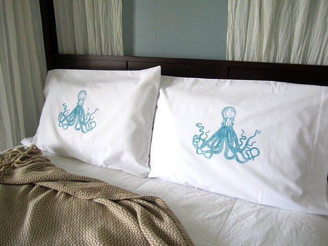 Screen Printed Octopus Pillow Cases - Set of 2 Standard Sized Pillow Covers - Eco Friendly Bedding