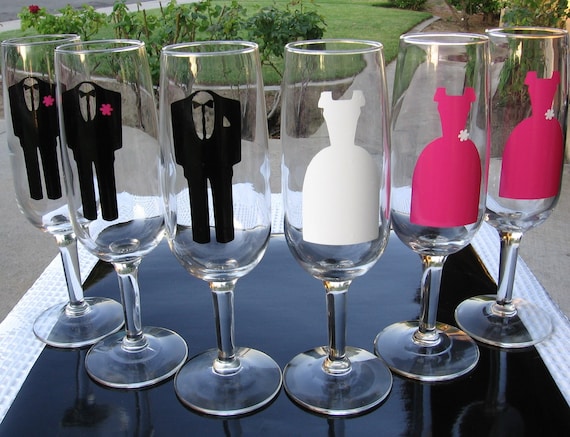 Bride and Bridesmaids Glasses/Bridal Party - 6 Vinyl Decals - GLASSES NOT INCLUDED - Wedding Gown - Bridesmaids - Maid of Honor