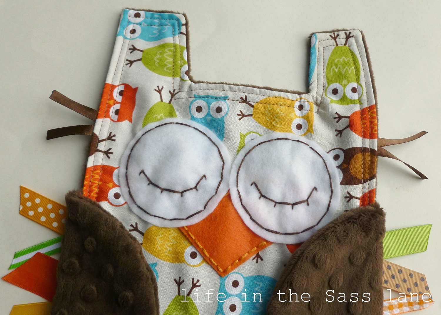 Urban Zoologie Owls Ribbon Tag Baby Blanket and Chocolate Brown Minky Blankie Lovey Lovie Baby Gift