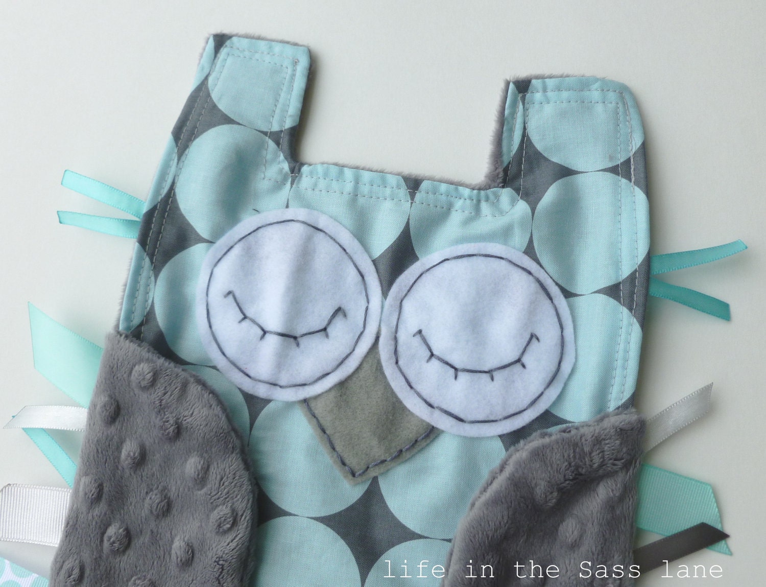 Sea Blue and Gray Disco Dot OWL Ribbon Tag Baby Blankie in Michael Miller Fabric with Gray Minky Blanket Lovey Lovie Baby Gift