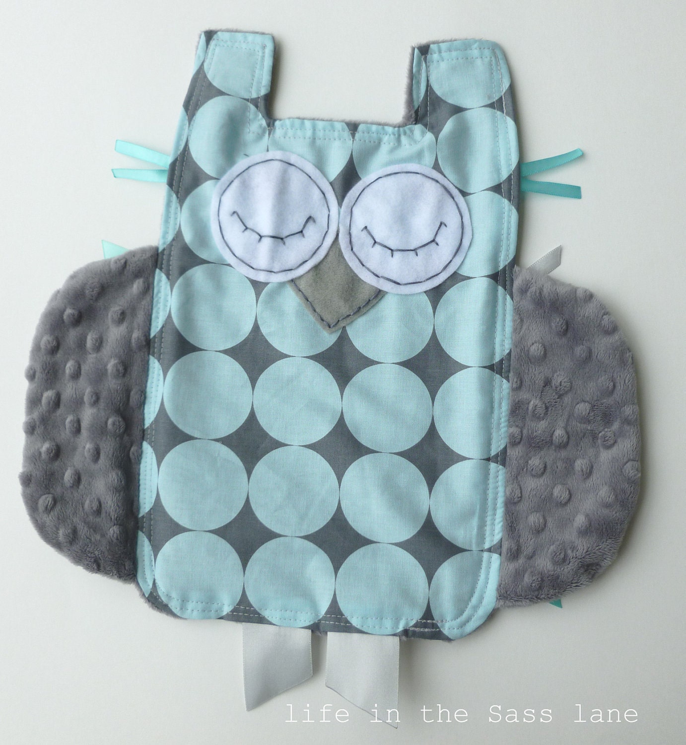 Sea Blue and Gray Disco Dot OWL Ribbon Tag Baby Blankie in Michael Miller Fabric with Gray Minky Blanket Lovey Lovie Baby Gift