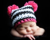Newborn Pom Pom Sack Hat in Pink Black White