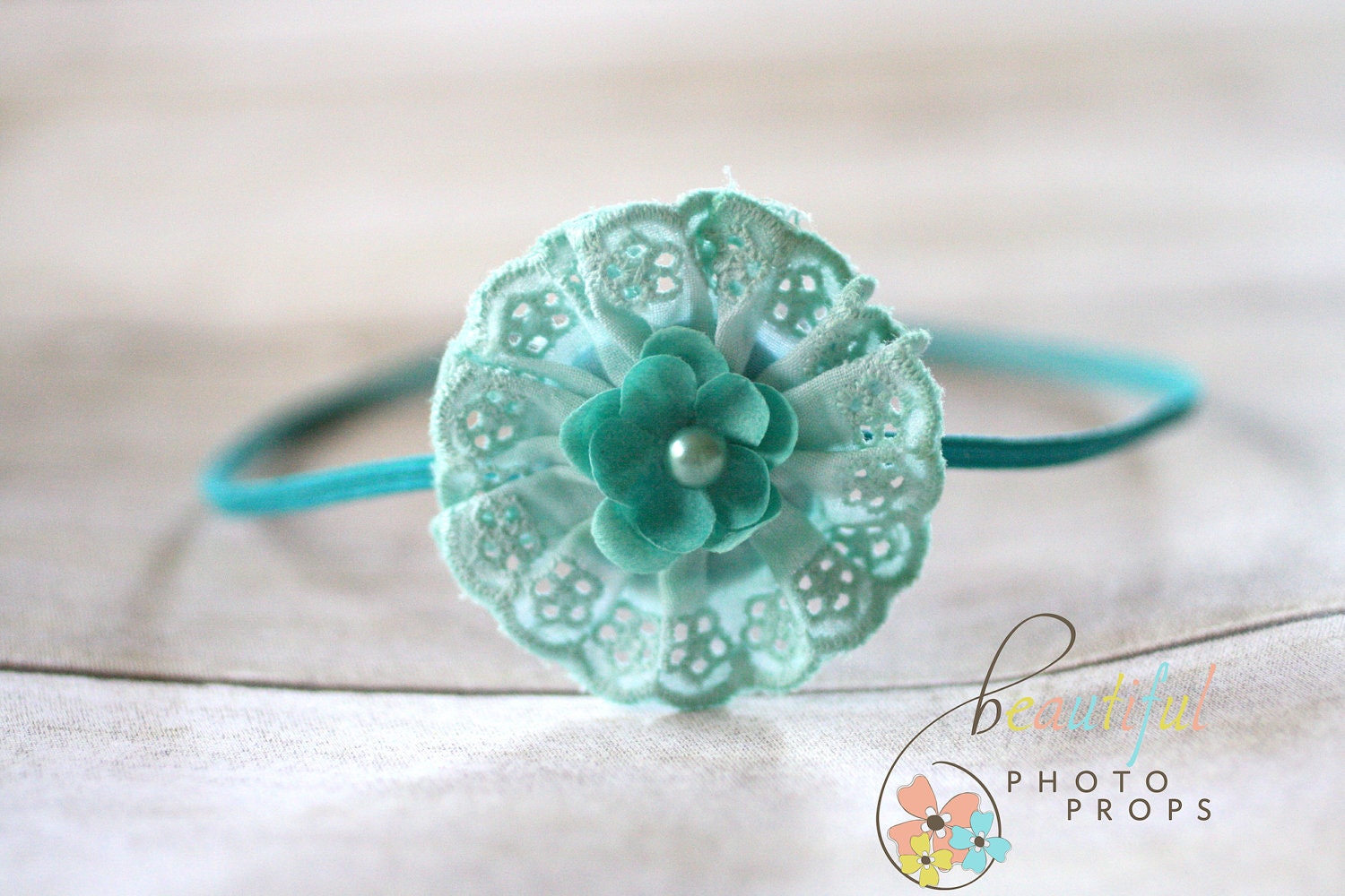 Aqua Blue Headband Lace Flower Skinny OOAK
