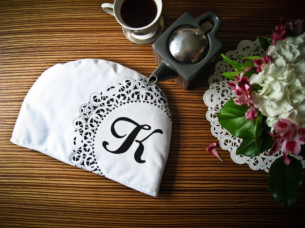 Reversible Tea Cosy / Floral Silhouette and Doily with Monogram