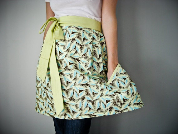 Womens Half Apron / funky feathers in turquoise and brown
