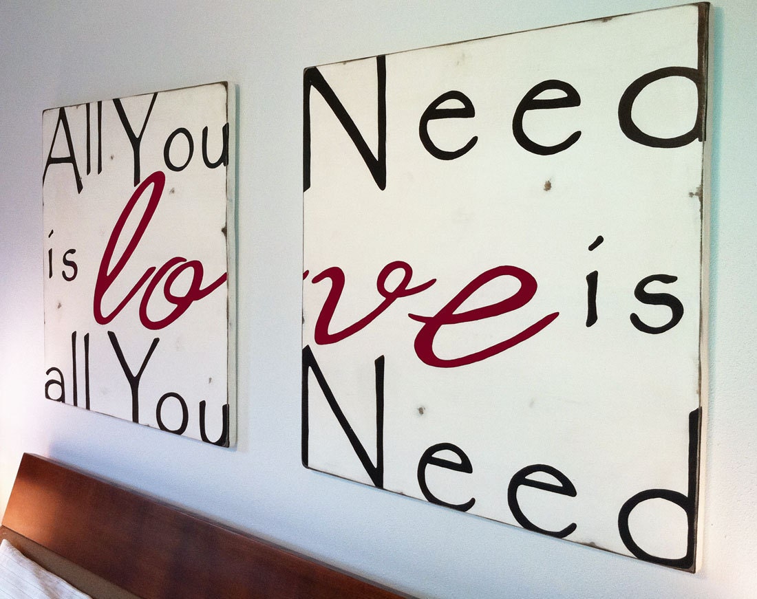 HUGE All You Need Is Love Wood Sign - Typography Word Art -Weather Worn White and Crimson Red on Wood
