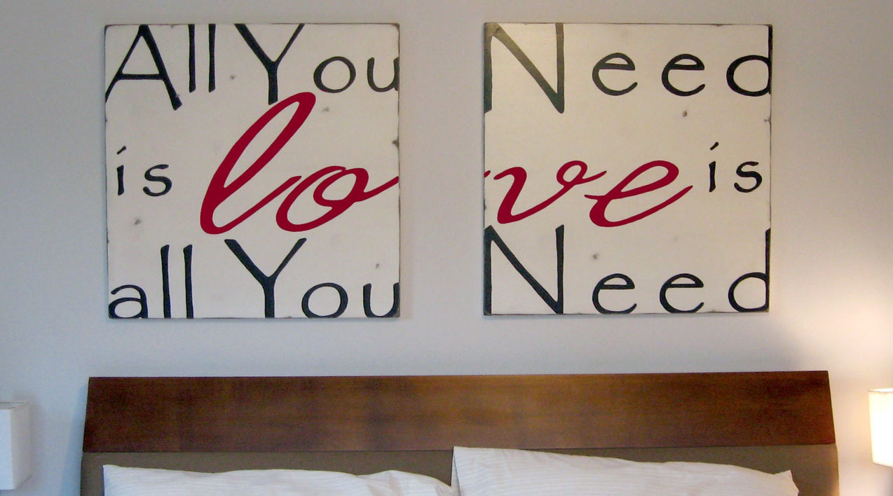 HUGE All You Need Is Love Wood Sign - Typography Word Art -Weather Worn White and Crimson Red on Wood