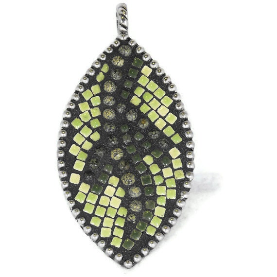 Green Mosaic Jewelry  Pendant, moss jasper stone beads, leaf shaped pattern sage forest mint green  ceramic tile - FischerFineArts