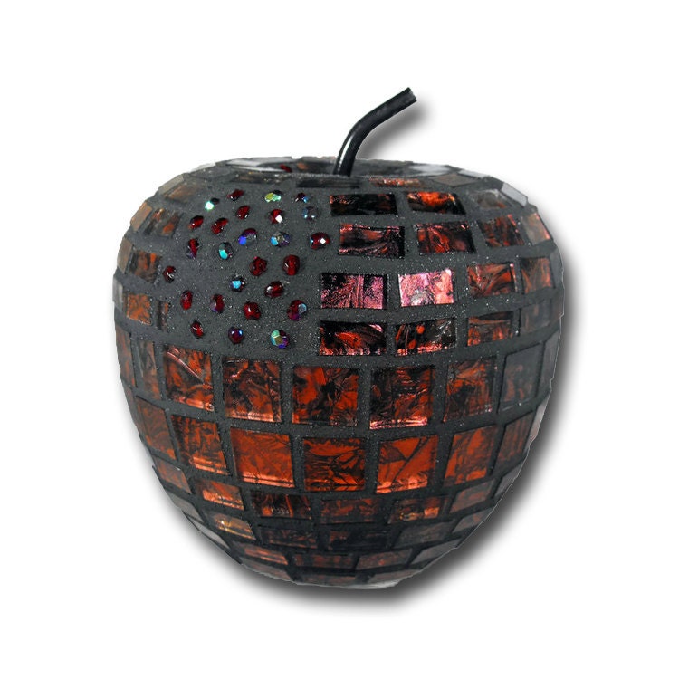 Mosaic Red Apple for home decor-Candy Apple red with glass bead accents Van Gogh glass tiles teacher gift