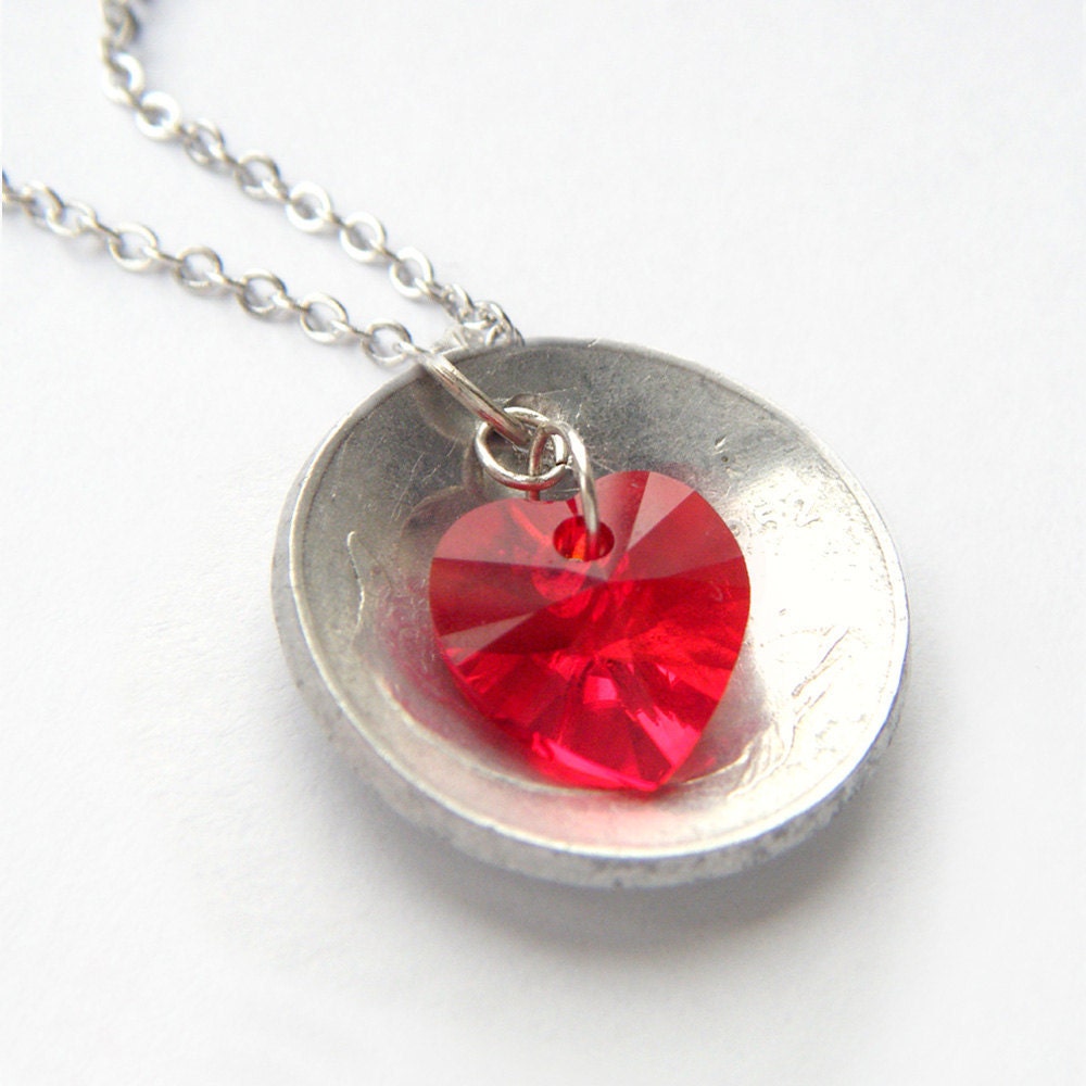 Red Heart Pendant - Silver Italian Coin Necklace, Swarovski Crystal Heart Jewelry - 'Cinque Lire'