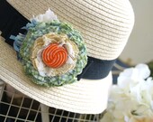 Fabric Flower Brooch with Vintage Ceramic Button, Floral Hat Pin, Textile Brooch