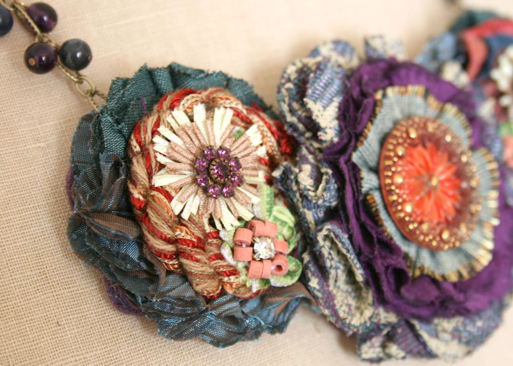 Colorful Fabric Flower Necklace, Teal Blue, Red, Violet Purple, Gold