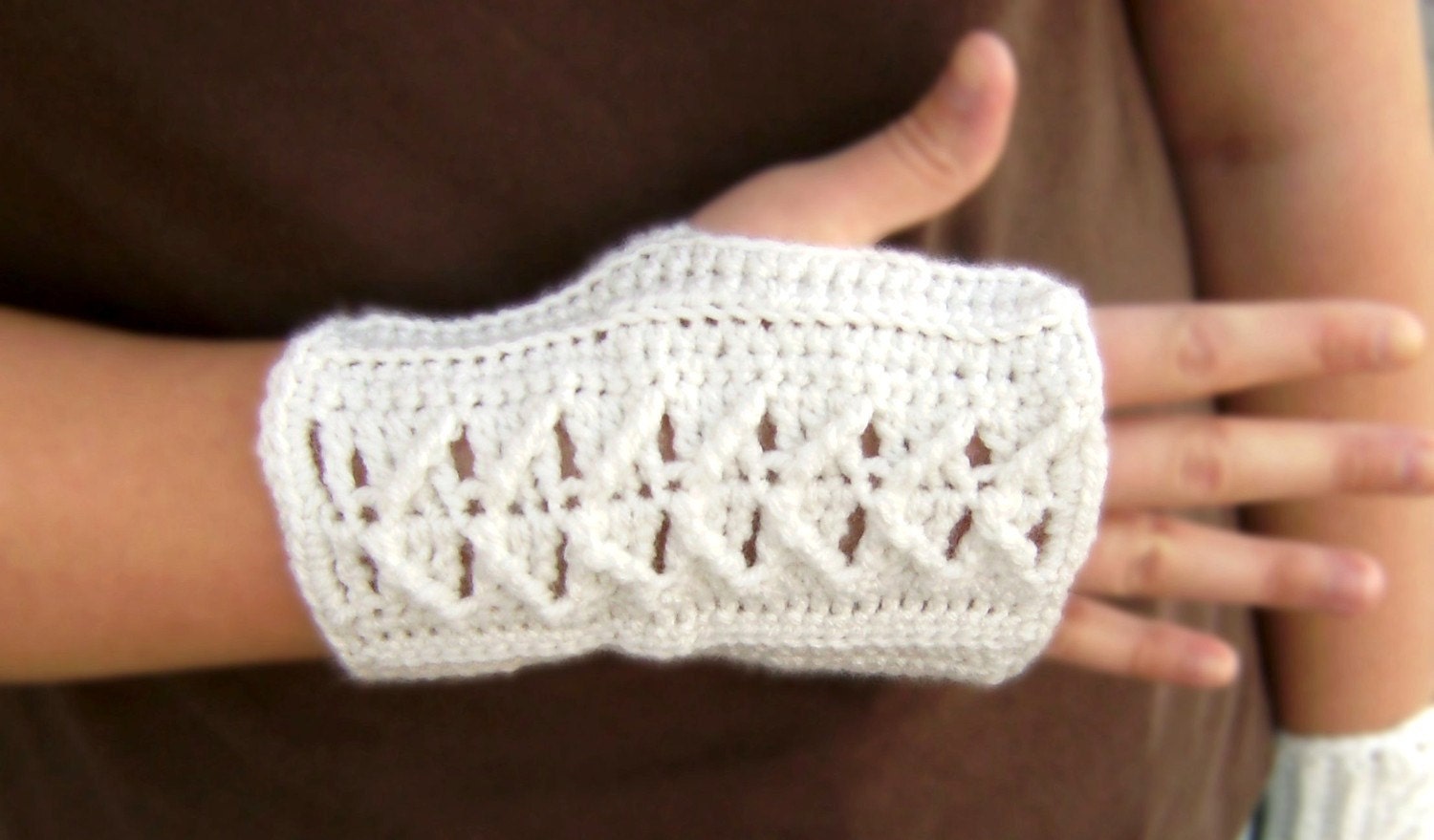 Fingerless Gloves Antique White, Cabled,  Handmade Crocheted