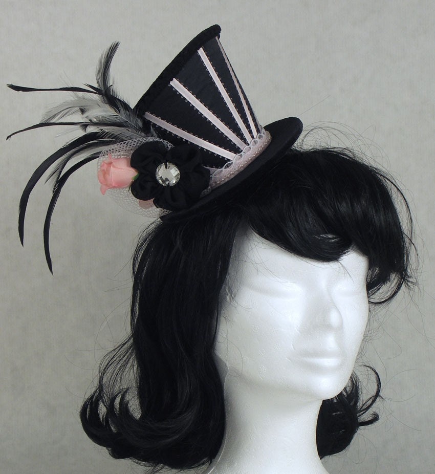 Ah, Paris - Black and Light Pink Striped Ribbon Asymmetrical Hat with Feathers by Lady Lygeia on Etsy