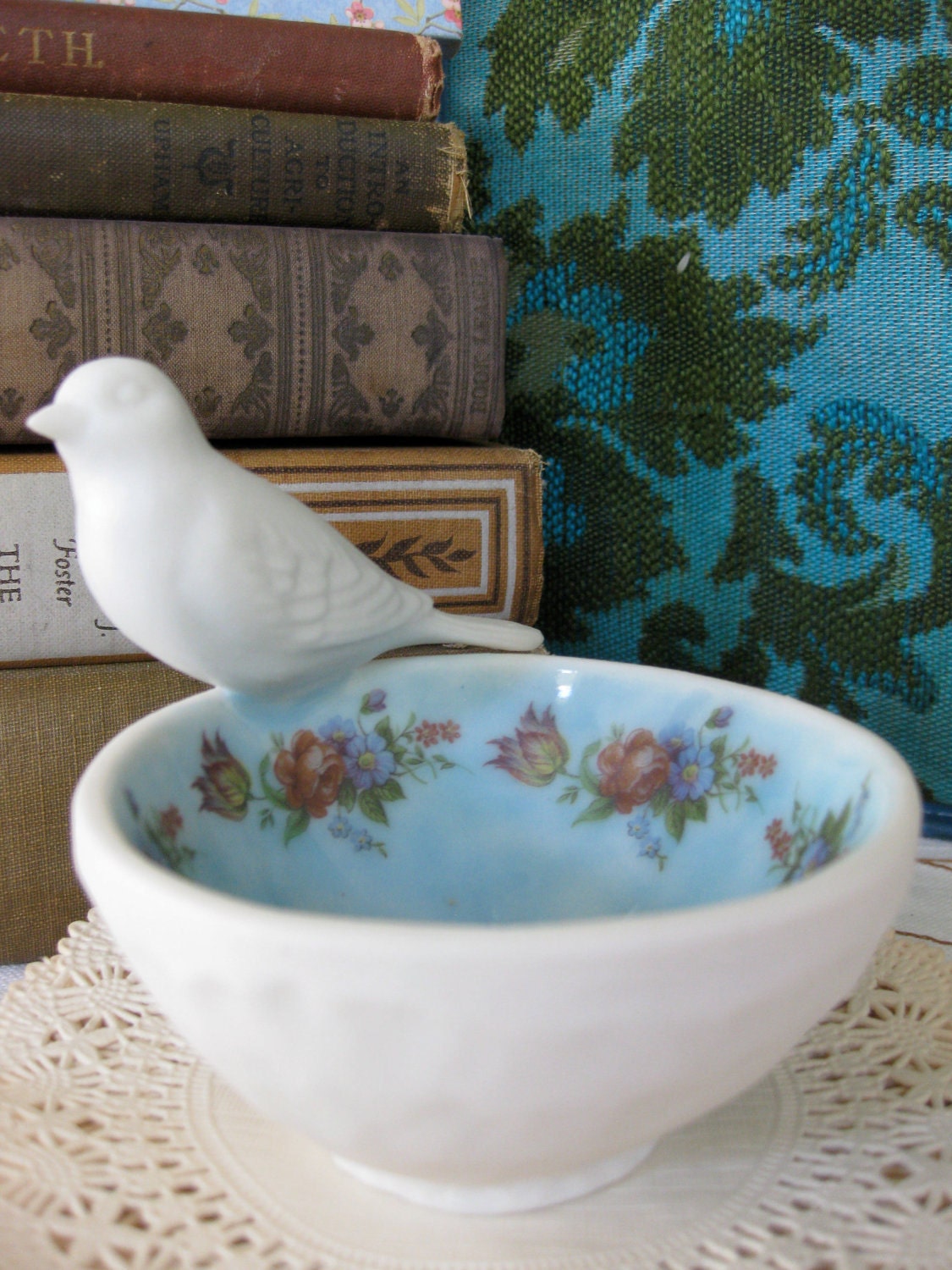 Vintage Inspired Blue Bird Bowl with Floral Decals
