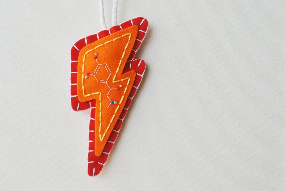 Adrenaline Lightning Bolt Ornament - Chemistry Molecule Embroidery - Spring Pantone Tangerine Poppy Red