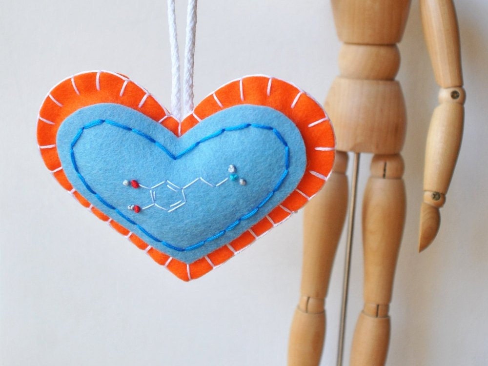 Pleasure Molecule Heart Ornament - Dopamine Molecule Embroidery - Chemistry Science - Merino Wool Felt in Orange and Blue