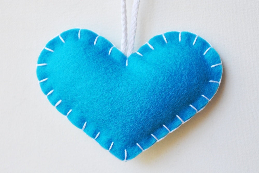 Pleasure Molecule Heart Ornament - Chemistry Dopamine Embroidery - Wool Felt in Turquoise Blue and Lime Green