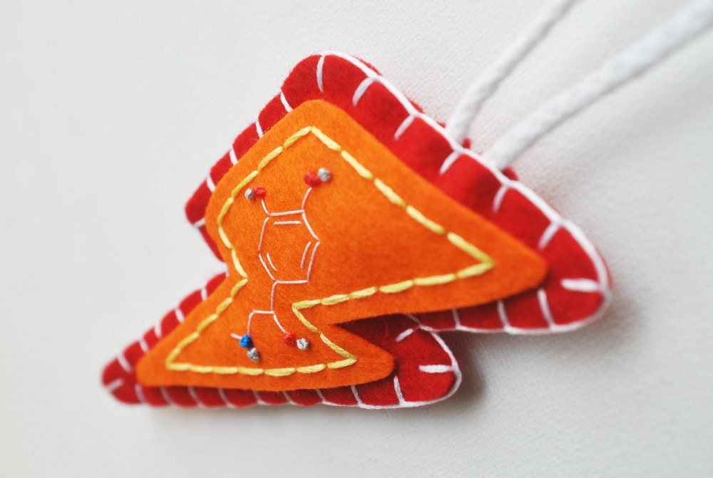 Adrenaline Lightning Bolt Ornament - Chemistry Molecule Embroidery - Spring Pantone Tangerine Poppy Red