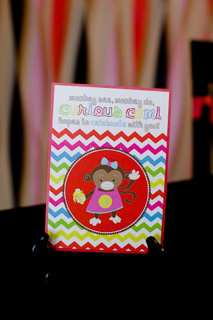 Girly Curious George Inspired Monkey Birthday Party Invitation  -  Modern & Bright Chevron - Digital File