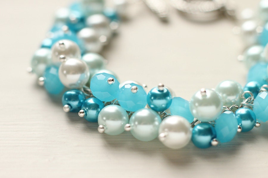 Blue and White Bridesmaid Jewelry Pearl Cluster Bracelet - Blue Skies and White Clouds