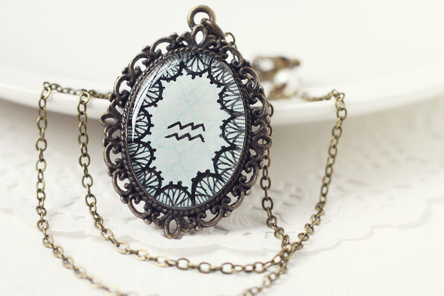 Aquarius Zodiac Astrology Pendant Necklace, Light Blue Hand Drawn Art Original Painting