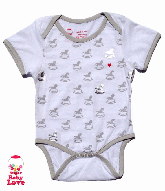 rocking horse with silver foil print baby onesie