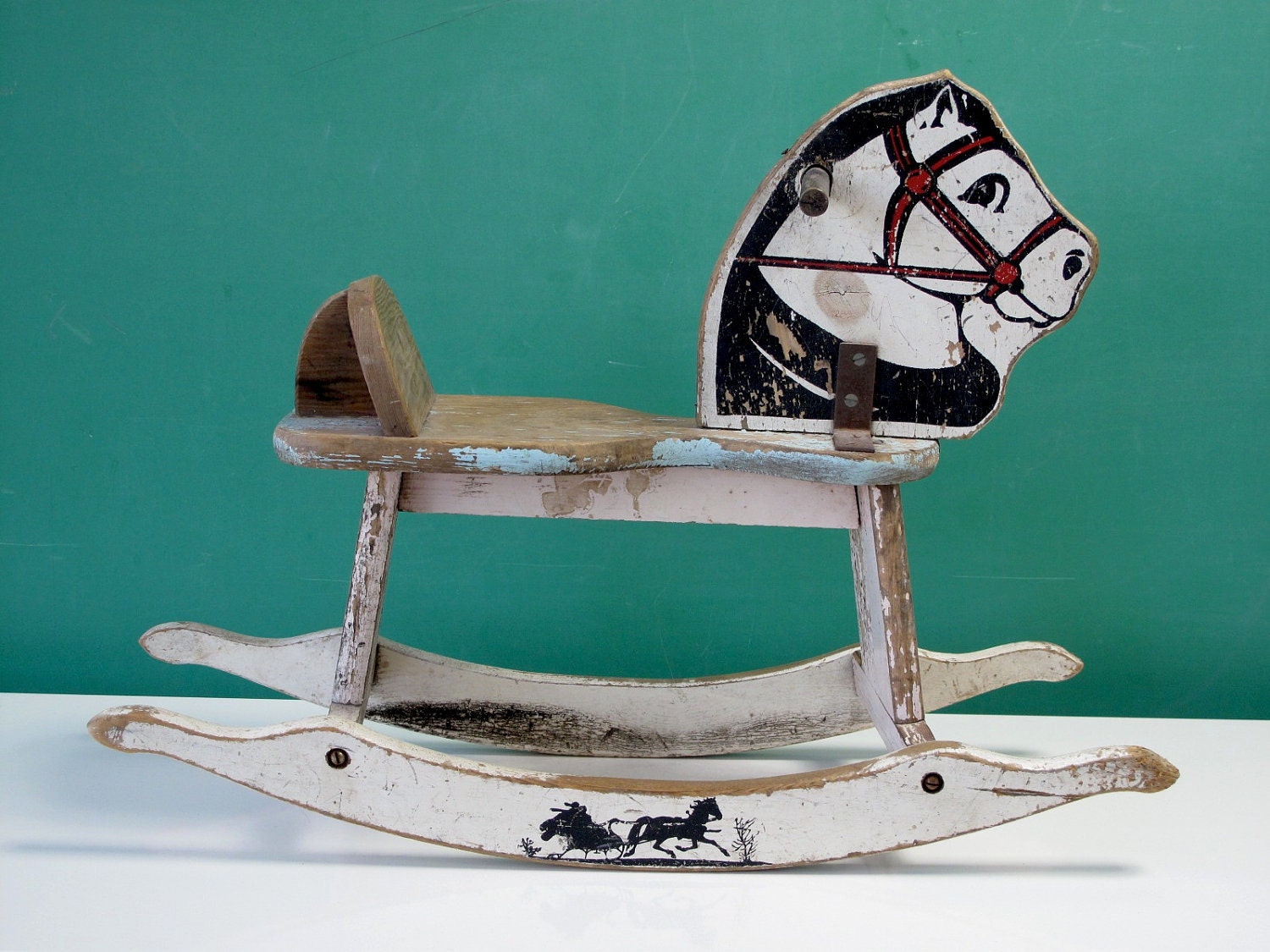Charming 1950's Child's Rocking Horse Toy, Painted, Chippy, Rustic, White, Black, Light Blue - CathodeBlue