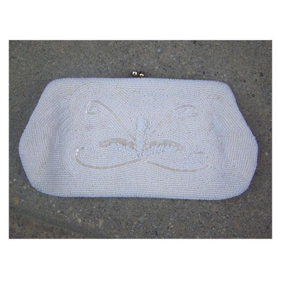 Vintage Off White Evening Purse of Seed beads in Butterfly Pattern
