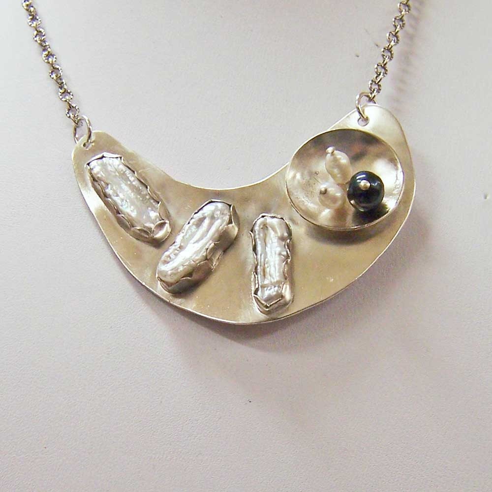 Necklace-Pendant- Freeform Sterling Silver with Freshwater Pearls