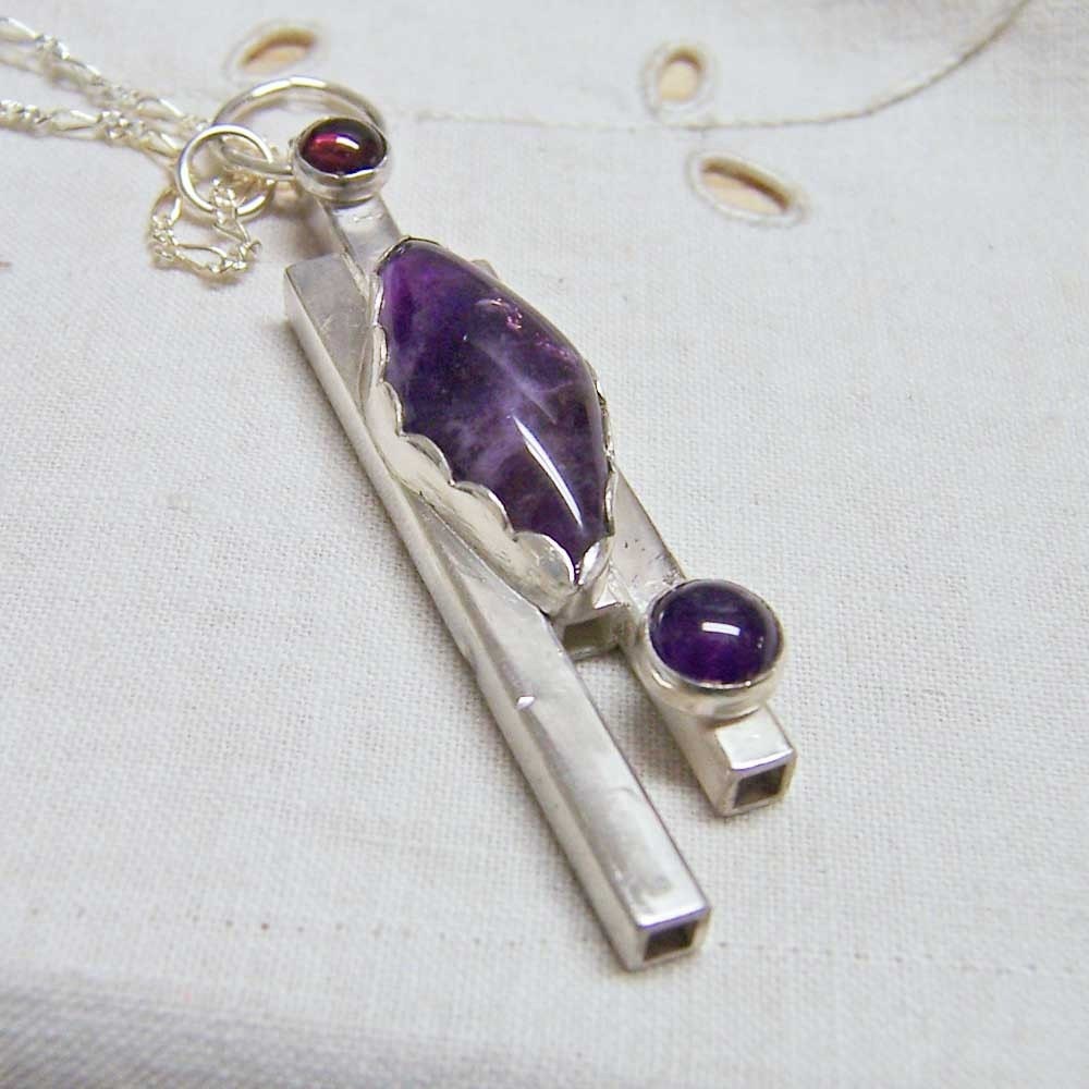 Necklace-Pendant-Modern Sterling Silver, Amethyst, and Garnet Cabochons