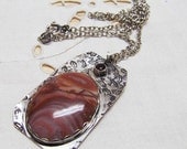 Necklace-Pendant-Sterling SIlver and Wonderstone Cabochon, Garnet Faceted Stone