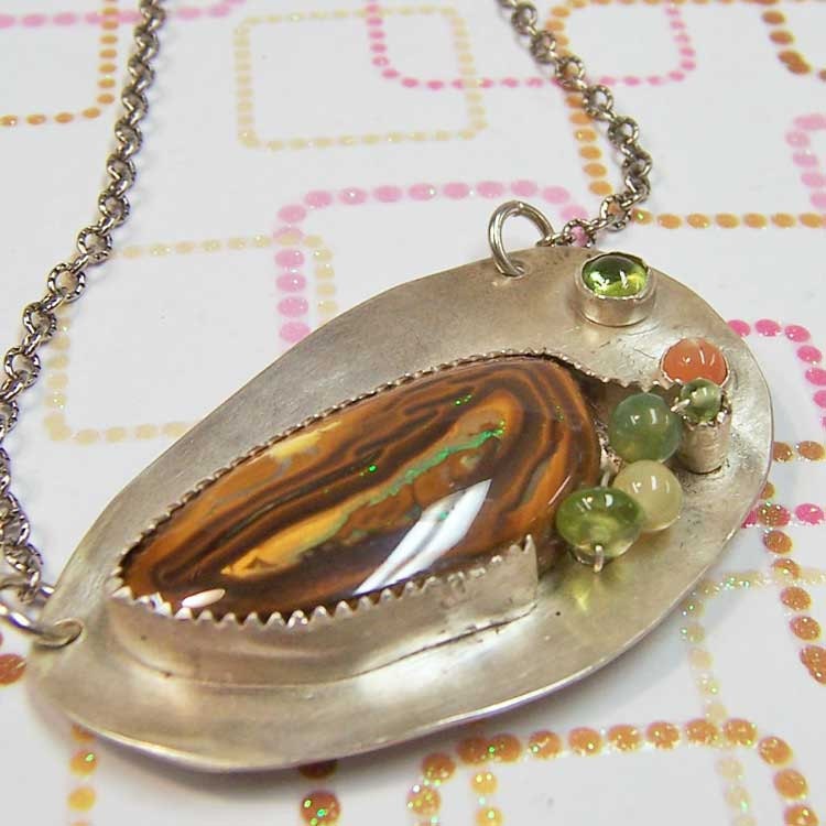 Necklace-Boulder Opal  and Sterling Silver with Peridot and Peach Moonstone