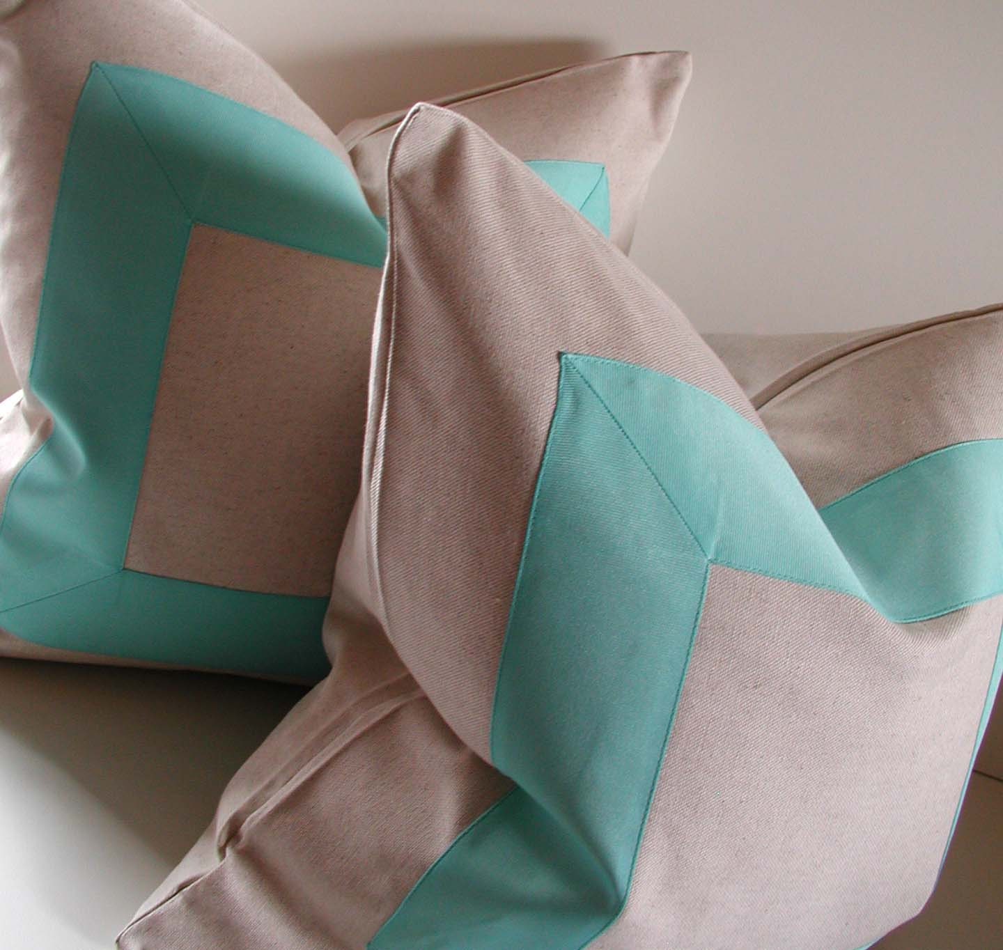 Natural cotton - 18 - 20 - 22 inch - Decorative Pillow - fabric with aqua ribbon embellishment - Made to Order
