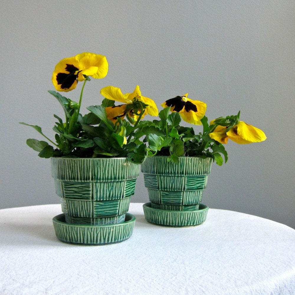 Two Vintage McCoy Pottery Flower Pots in Green -- Small