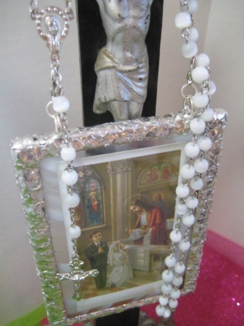 First Holy Communion Gift  Stained Glass Prayer Card Devotional  Keepsake  with Rosary Made to Order   Personalized Girl