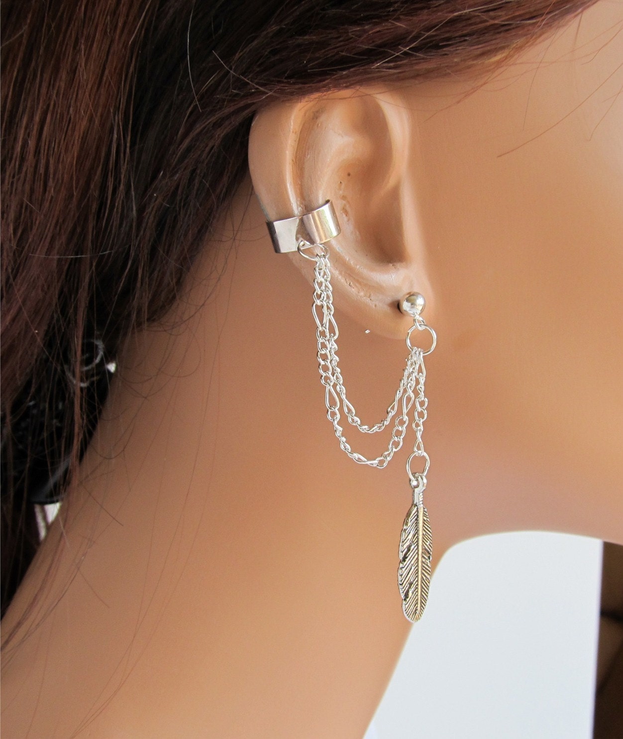 Ear Cuff Silver Double Chain Large Feather and Earring