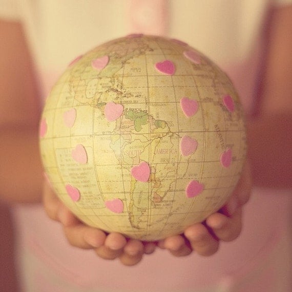 love, 8 x 8 photograph, globe, hearts, pink, girl, feminine, for her, home decor, nursery childrens wall art,