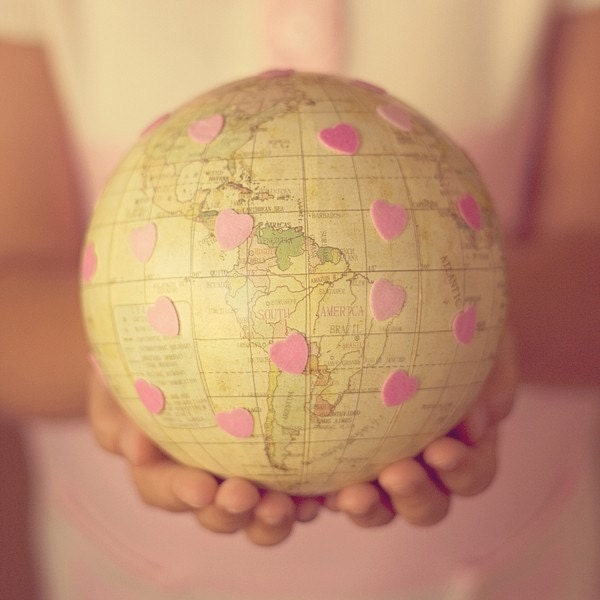 love, 8 x 8 photograph, globe, hearts, pink, girl, feminine, for her, home decor, nursery childrens wall art,