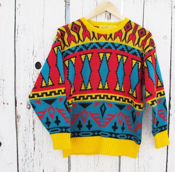 80s Bright Southwest Geometric Pattern Sweater - MEDIUM