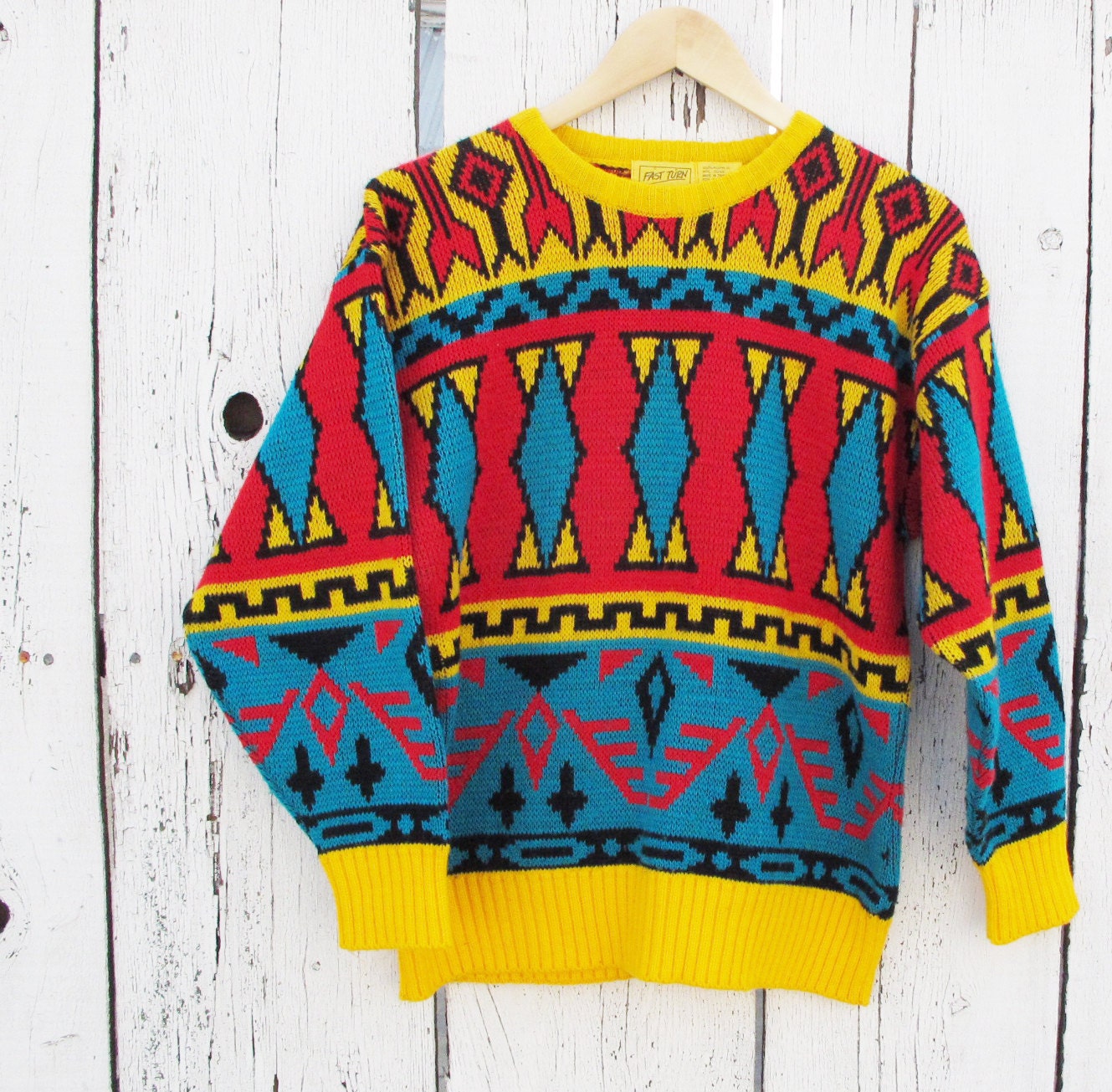 80s Bright Southwest Geometric Pattern Sweater - MEDIUM